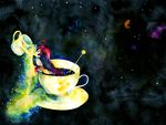  ahoge bad_id bad_pixiv_id cup long_hair red_eyes red_hair sf-a2_miki solo space star_(sky) teacup traditional_media vocaloid watercolor_(medium) yuriyuri02 