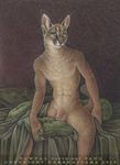  bed caracal cat dark_natasha feline flaccid green_eyes looking_at_viewer male mammal nude penis pillow sheets sitting solo 