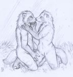  2011 ambiguous_gender couple eyes_closed female fur grass kneeling lesbian monochrome nude outside plain_background raccoon_dog romantic side_view sketch smile tanuki tanuki_(artist) tender white_background 