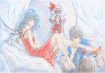  1girl bad_id bad_pixiv_id bare_legs blue_hair colored_pencil_(medium) commentary_request curiosities_of_lotus_asia dress feet flower foot_worship glasses hetero high_heels holding_another's_foot messy_hair morichika_rinnosuke off_shoulder one_eye_closed red_eyes remilia_scarlet rose shoes silver_hair sketch touhou traditional_media wings yellow_eyes you_(esparda) 