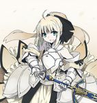  ahoge armor armored_dress artoria_pendragon_(all) blonde_hair caliburn detached_sleeves dress fate/stay_night fate/unlimited_codes fate_(series) gauntlets green_eyes open_mouth ponytail saber saber_lily smile solo sword vane weapon 