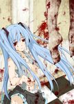  blood blood_stain blue_hair bow bow_panties breasts brown_eyes checkered checkered_floor cleavage death feet hatsune_miku highres long_hair medium_breasts no_bra open_clothes open_shirt panties shirt solo torn_clothes twintails underwear vocaloid wing_(aiastor) 