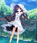  armpits bare_legs bare_shoulders brown_hair case day dress forest frills grass hand_on_headwear hat highres himukai_kyousuke leaf long_hair looking_at_viewer nature outdoors owari_naki_natsu_towa_naru_shirabe plant red_eyes sky smile solo standing stone sun_hat takanashi_mio tree very_long_hair wading water white_dress 