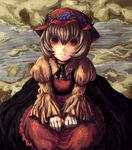  aki_minoriko bad_id bad_pixiv_id bangs bob_cut brown_hair clenched_hands dress face food food_themed_clothes fruit grapes hat lolicept neck_ribbon plant puffy_sleeves red_eyes ribbon short_hair sitting solo touhou vines water wide_sleeves 