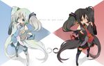  black_hair boots detached_sleeves grin hatsune_miku headset long_hair multiple_girls necktie red_eyes skirt smile thigh_boots thighhighs twintails very_long_hair vocaloid yumeyoi zatsune_miku 
