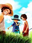  bad_id bad_pixiv_id black_hair blonde_hair cloud day freckles goggles grass grin hat highres male_focus monkey_d_luffy multiple_boys one_piece portgas_d_ace sabo_(one_piece) scar scarf sky smile straw_hat tsuyomaru younger 