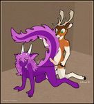 all_fours anthro antlers autumndeer balls breasts cervine collar deer dragon dragon-girl duo female from_behind hooves horn interspecies leash male mammal nude penis purple purple_body raised_tail sex straight t tail 