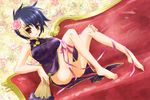  bad_id bad_pixiv_id bare_legs barefoot blue_hair breasts brown_eyes china_dress chinese_clothes couch dress fan feet fingernails flower folding_fan gien hair_flower hair_ornament koihime_musou large_breasts mali multicolored_hair no_panties ribbon shirt short_hair solo taut_clothes taut_shirt thigh_ribbon toenails 
