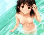  blush breasts brown_hair cloud day hair_tousle hand_in_hair kobayashi_yuuji looking_at_viewer medium_breasts navel nipples nude original outdoors sky solo wading water wet yellow_eyes 