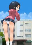  ass black_hair blue_eyes building female footwear giantess highres okera open_mouth original panties pantyshot school_uniform serafuku skirt socks solo underwear 