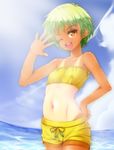  ;d baka_to_test_to_shoukanjuu bandeau beach covered_nipples day flat_chest ge-ha green_hair kudou_aiko navel one_eye_closed open_mouth short_hair shorts smile solo tan tanline 