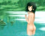  ass back black_hair breasts day from_behind kobayashi_yuuji looking_back medium_breasts nipples nude original outdoors pond wading water wet yellow_eyes 