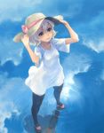  blonde_hair blue_eyes cloud day dress hands_on_headwear hat holding lowres original reflection salt_flats solo thighhighs water weno weno's_blonde_original_character 
