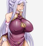  bare_shoulders beauty_mark blue_eyes breasts chinese_clothes curvy doro_(pixiv1599005) dress elbow_gloves erect_nipples gloves hair_intakes huge_breasts koihime_musou kougai long_hair mole plump ponytail purple_hair simple_background solo squinting standing 