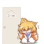  &gt;_&lt; animal_ears bathroom blonde_hair chibi closed_eyes closed_mouth dekasudachin door fox_ears fox_tail have_to_pee multiple_tails sitting solo tail tears touhou trembling v_arms yakumo_ran 