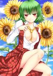  absurdres asazuki_kanai ascot between_breasts breasts cleavage dress_shirt flower green_hair highres kazami_yuuka large_breasts no_bra open_clothes open_shirt plaid plaid_skirt plaid_vest red_eyes shirt sitting skirt skirt_set smile solo sunflower touhou vest 