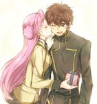  1girl ashford_academy_uniform birthday blush brown_hair cheek_kiss closed_eyes code_geass couple euphemia_li_britannia gift green_eyes hetero holding holding_gift jacket kiss kururugi_suzaku long_hair maruki_(punchiki) necktie one_eye_closed open_mouth pink_hair school_uniform short_hair smile 