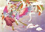  bird_legs blonde_hair blue_eyes chimera chinese_clothes cloud hair_ornament head_wings kagamine_rin kalavinka karakuri_(ichika) short_hair solo tail vocaloid wings 