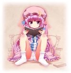  blue_eyes blush bobby_socks book crescent hat holding holding_book long_hair panties pantyshot pantyshot_(sitting) patchouli_knowledge pikazo pillow polka_dot polka_dot_panties purple_hair reading sitting socks solo spread_legs touhou underwear very_long_hair white_legwear white_panties 