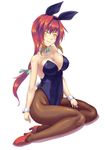  animal_ears breasts brown_legwear bunny_ears bunny_tail bunnysuit cleavage detached_collar gradient_hair long_hair medium_breasts multicolored_hair original pantyhose red_hair ryo_(sora-ryu) sitting solo tail wariza yellow_eyes 