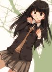  amagami ayatsuji_tsukasa brown_eyes brown_hair dutch_angle grey_skirt highres kibito_high_school_uniform kobayashi_yuuji long_hair long_sleeves pleated_skirt school_uniform skirt smile solo tree 