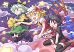  aqua_eyes asymmetrical_wings black_hair black_legwear blonde_hair eyeball flandre_scarlet flying friends green_eyes green_hair hat holding_hands houjuu_nue komeiji_koishi kurotama_(avino) md5_mismatch multiple_girls open_mouth over-kneehighs red_eyes short_hair side_ponytail silver_hair sitting skirt smile stage_connection star thighhighs touhou ufo wariza white_hair wings zettai_ryouiki 