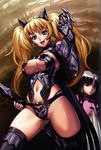  absurdres armor blonde_hair blue_eyes breasts character_request eiwa elina gauntlets highres large_breasts long_hair multiple_girls navel open_mouth queen's_blade queen's_blade_rebellion revealing_clothes smile thighhighs twintails 
