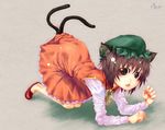  animal_ears brown_eyes brown_hair cat_ears cat_tail chen earrings hat jewelry jin_nai long_sleeves multiple_tails open_mouth short_hair solo tail touhou 