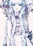  blue_eyes blue_hair bug butterfly charmal copyright_request dress flower insect long_hair solo 