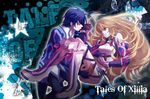  1girl black_hair blonde_hair boots brown_eyes carrying coat copyright_name couple gloves gradient_hair green_hair hetero jude_mathis long_hair milla_maxwell multicolored_hair pants princess_carry skirt smile strapless tales_of_(series) tales_of_xillia tubetop v-ko_(vickywa) 