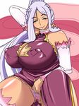  1girl bare_shoulders beauty_mark blue_eyes breasts chinese_clothes clitoris curvy doro_(pixiv1599005) dress elbow_gloves erect_nipples gloves hair_intakes huge_breasts koihime_musou kougai labia long_hair mole nipples plump ponytail pubic_hair puffy_nipples purple_hair pussy skirt skirt_around_belly skirt_lift skirt_tug smile solo spread_legs thick_thighs thighs uncensored 