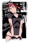  ahoge black_panties blue_eyes breasts choker claire_redfield covered_nipples fingerless_gloves g-room_honten gloves panties ponytail red_hair resident_evil shirt small_breasts solo string_panties underwear 