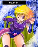  armor belt bent_over blonde_hair cape faye female final_fantasy final_fantasy_mystic_quest fire leotard magic mukadeyarou purple_eyes short_hair shoulder_pads solo wink 