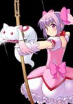  :3 black_background bow bow_(weapon) choker frills gloves hair_ribbon kaname_madoka kuri_youkan kyubey magical_girl mahou_shoujo_madoka_magica pink_eyes pink_hair ribbon short_twintails simple_background smile twintails weapon 