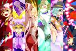  bad_id bad_pixiv_id black_hair blonde_hair bow column_lineup danmaku dress fang flandre_scarlet fox_tail fujiwara_no_mokou green_eyes hair_bow hair_ribbon hat hat_ribbon heart houjuu_nue komeiji_koishi long_hair long_sleeves moriya_suwako multiple_girls multiple_tails open_mouth pillow_hat puffy_sleeves red_eyes ribbon shoes short_hair side_ponytail skirt smile stage_connection tail teeth thighhighs third_eye touhou very_long_hair wings yakumo_ran yakumo_yukari yellow_eyes zanunoneko 