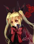  bad_id bad_pixiv_id banned_artist blazblue blonde_hair bow flower gothic_lolita hair_ribbon lolita_fashion long_hair okisute rachel_alucard red_bow red_eyes ribbon rose solo twintails 