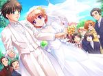  2girls 6+boys bride couple dress game_cg multiple_boys multiple_girls red_hair redhead sky wedding wedding_dress 