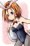  animal_ears barbara blush bow bowtie breasts bunny_ears bunny_tail bunnysuit cleavage dragon_quest dragon_quest_vi earrings fishnet_pantyhose fishnets forehead high_ponytail jewelry long_hair medium_breasts namako_nowata orange_hair pantyhose ponytail purple_eyes solo tail tray 