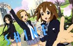  akiyama_mio black_eyes black_hair brown_eyes brown_hair day hairband highres hirasawa_yui k-on! long_hair multiple_girls non-web_source official_art open_mouth petals round_teeth school school_uniform short_hair sky tainaka_ritsu teeth 