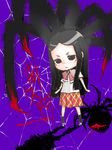  1girl black_hair blood chibi female full_body hair_ornament hairclip kaibutsu_oujo long_hair nakua negitomato school_uniform shadow silk skirt solo spider spider_web web 