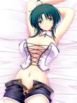  ahoge armpits arms_up bad_id bad_pixiv_id bed belt breasts corset green_eyes green_hair large_breasts lying meso_(gjmeso) midriff mole mole_under_eye navel no_panties on_back open_fly original short_hair solo unbuttoned unzipped 