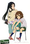  absurdres akiyama_mio black_eyes black_hair brown_eyes brown_hair casual hair_bobbles hair_ornament highres hirasawa_yui k-on! kadowaki_miku legs long_hair multiple_girls non-web_source official_art shoes short_hair sneakers socks very_long_hair 