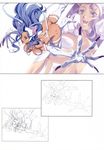  :d animal_ears ass back bangs blue_eyes blue_hair breasts breasts_apart cat_ears cat_tail claws cleavage fangs felicia floating_hair fur hands hanging_breasts happy highres homare_(fool's_art) jumping large_breasts lineart long_hair looking_at_viewer monochrome multiple_views open_mouth outstretched_arm paws scan simple_background sketch slit_pupils smile tail toned vampire_(game) wavy_hair white_background 