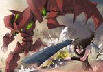  androgynous armband battle black_hair cape explosion long_hair mecha original solo sword weapon white_hair zhen_lu 