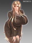  artist_request blonde_hair breast breasts business_suit cleavage enormous_breasts female formal gradient gradient_background hanging_breasts hips huge_breasts infinity large_breasts leaning_forward long_hair mature milf office_lady pantyhose smile solo suit very_long_hair wide_hips 