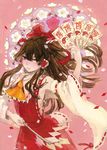  bad_id bad_pixiv_id bow brown_hair detached_sleeves gohei hair_bow hakurei_reimu nayuko ofuda red_eyes solo touhou traditional_media 