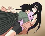  1girl bangs black_hair blush dutch_angle eyes_closed glomp gradient gradient_background hakama hug itoshiki_majiru japanese_clothes komori_kiri long_hair open_mouth sayonara_zetsubou_sensei short_hair simple_background suprise surprise surprised teenage_girl_and_younger_boy 