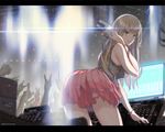  \m/ blonde_hair bra bracelet breasts dj hand_on_headphones headphones jewelry large_breasts letterboxed light lights lingerie long_hair looking_back mixing_console original saitou_masatsugu skirt solo stage_lights underwear 