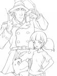  1girl book brain_(inspector_gadget) child cyborg dog family flerov gadget gloves greyscale hat inspector_gadget lineart monochrome penny_(inspector_gadget) phone short_twintails trench_coat twintails 