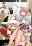  :3 bad_id bad_pixiv_id blonde_hair broom broom_riding cup dress flandre_scarlet flower hair_ribbon hat head_wings highres hong_meiling izayoi_sakuya kirisame_marisa koakuma maid maid_headdress multiple_girls panties patchouli_knowledge remilia_scarlet ribbon rothe sitting striped striped_panties table teacup thighhighs touhou underwear white_legwear witch_hat 